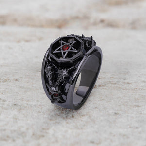 Pentagram skull ring with devil horn red eyes gothic satanic jewelry