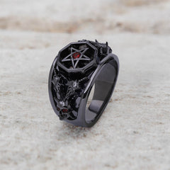 Pentagram skull ring with devil horn red eyes gothic satanic jewelry