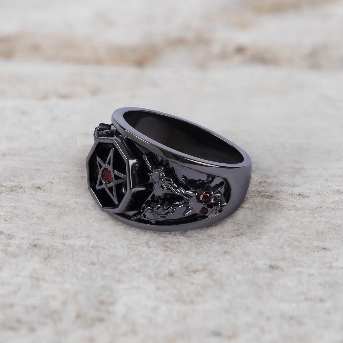 Pentagram skull ring with devil horn red eyes gothic satanic jewelry