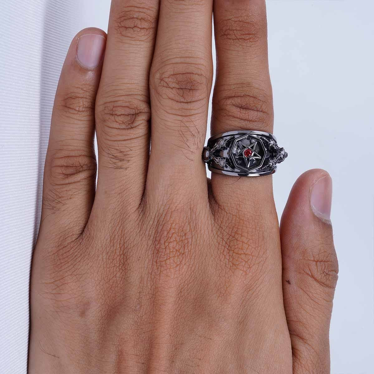 Pentagram skull ring with devil horn red eyes gothic satanic jewelry