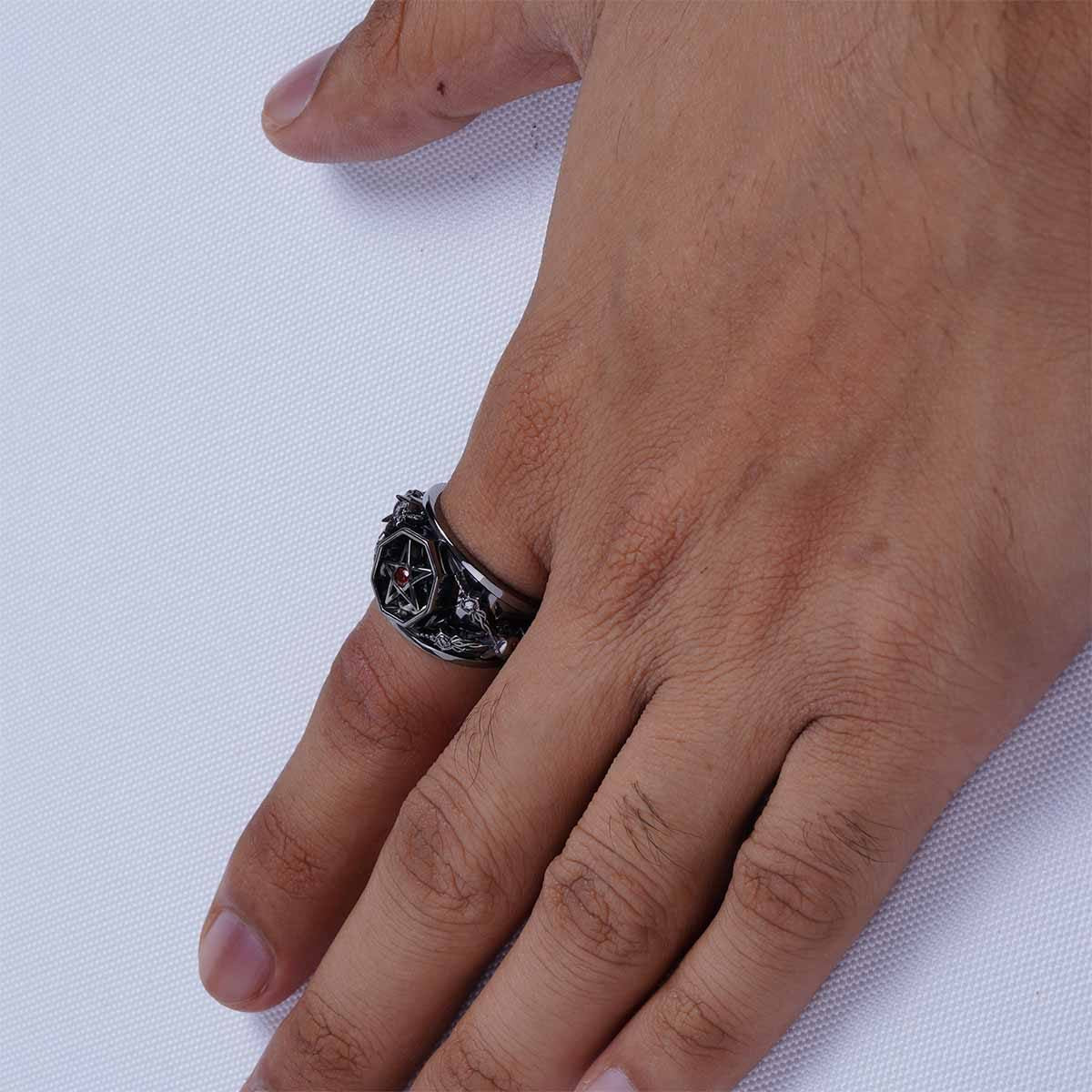 Pentagram skull ring with devil horn red eyes gothic satanic jewelry
