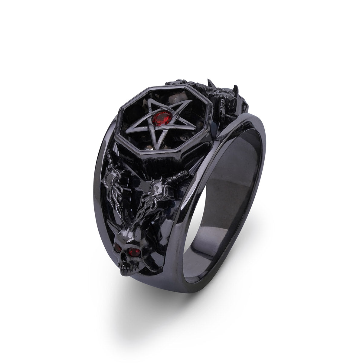 Satanic skull ring with pentagram and crossed sword design crafted in gun metal finished sterling silver