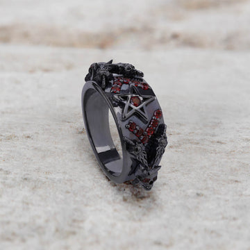 Pentagram Skull Wedding Ring Devil Horn Occult Satanic Jewelry