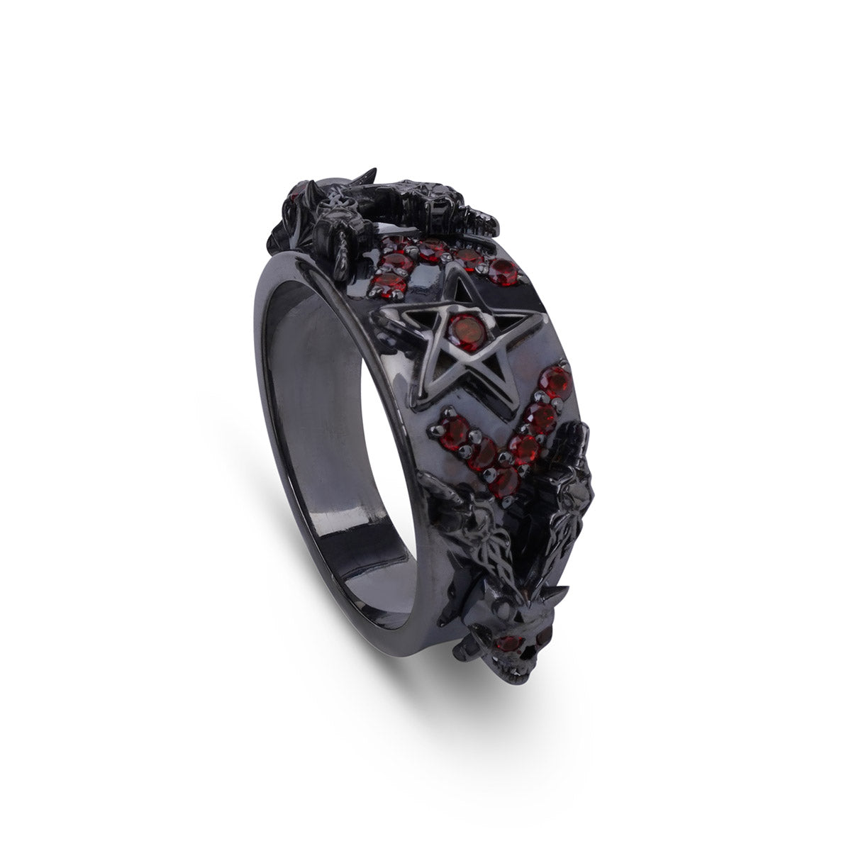 Black satanic skull wedding band with red garnet gemstones set in gun metal finished sterling silver