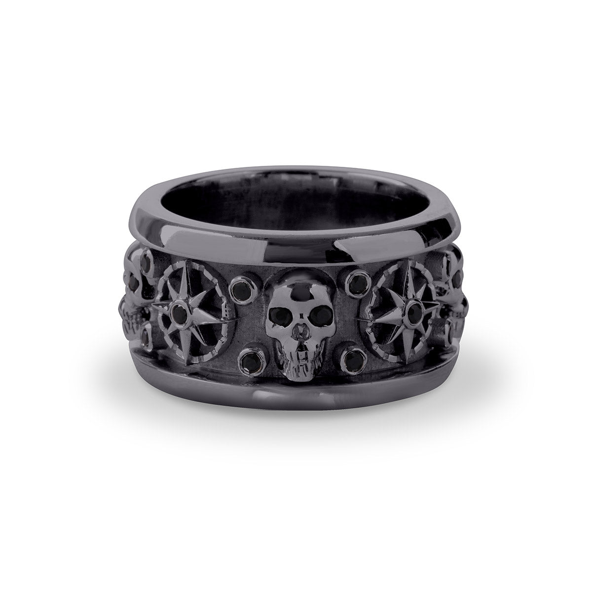 Black skull wedding band with nautical compass design crafted in gun metal finished sterling silver