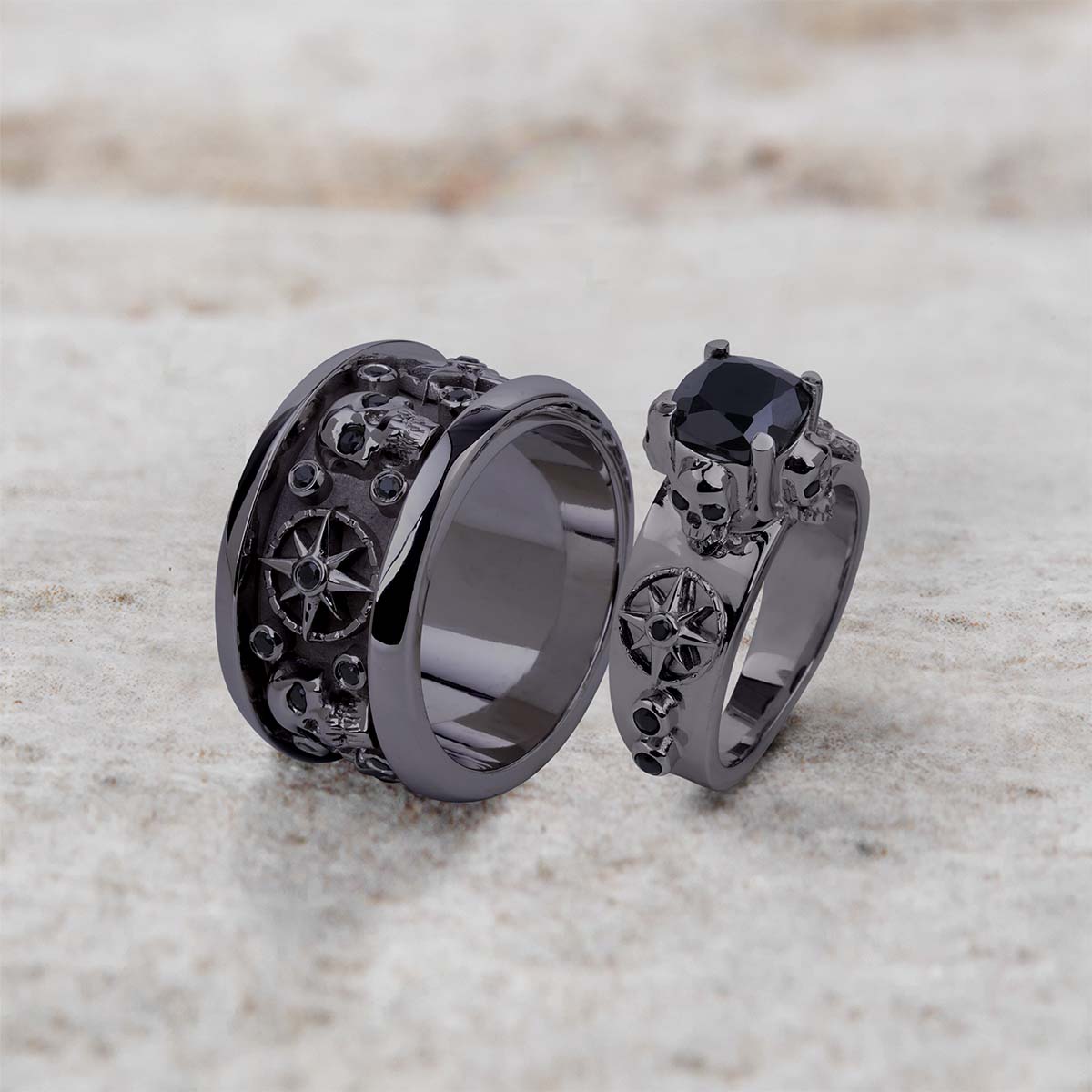 Octagram Skull Wedding Ring Set His and Her Black Spinel CZ Gothic Couple Rings