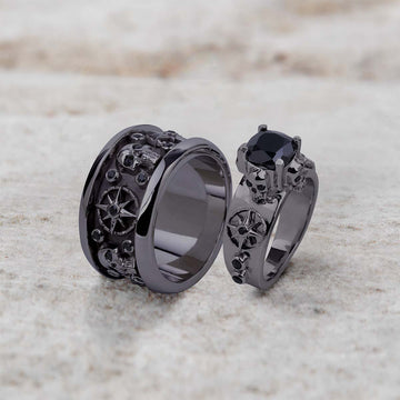 Octagram Skull Wedding Ring Set His and Her Black Spinel CZ Gothic Couple Rings