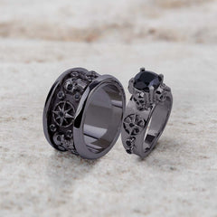 Octagram Skull Wedding Ring Set His and Her Black Spinel CZ Gothic Couple Rings