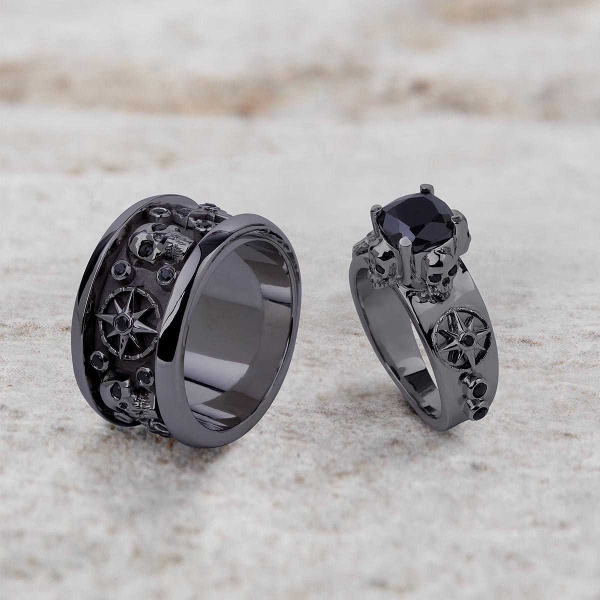 Octagram Skull Wedding Ring Set His and Her Black Spinel CZ Gothic Couple Rings