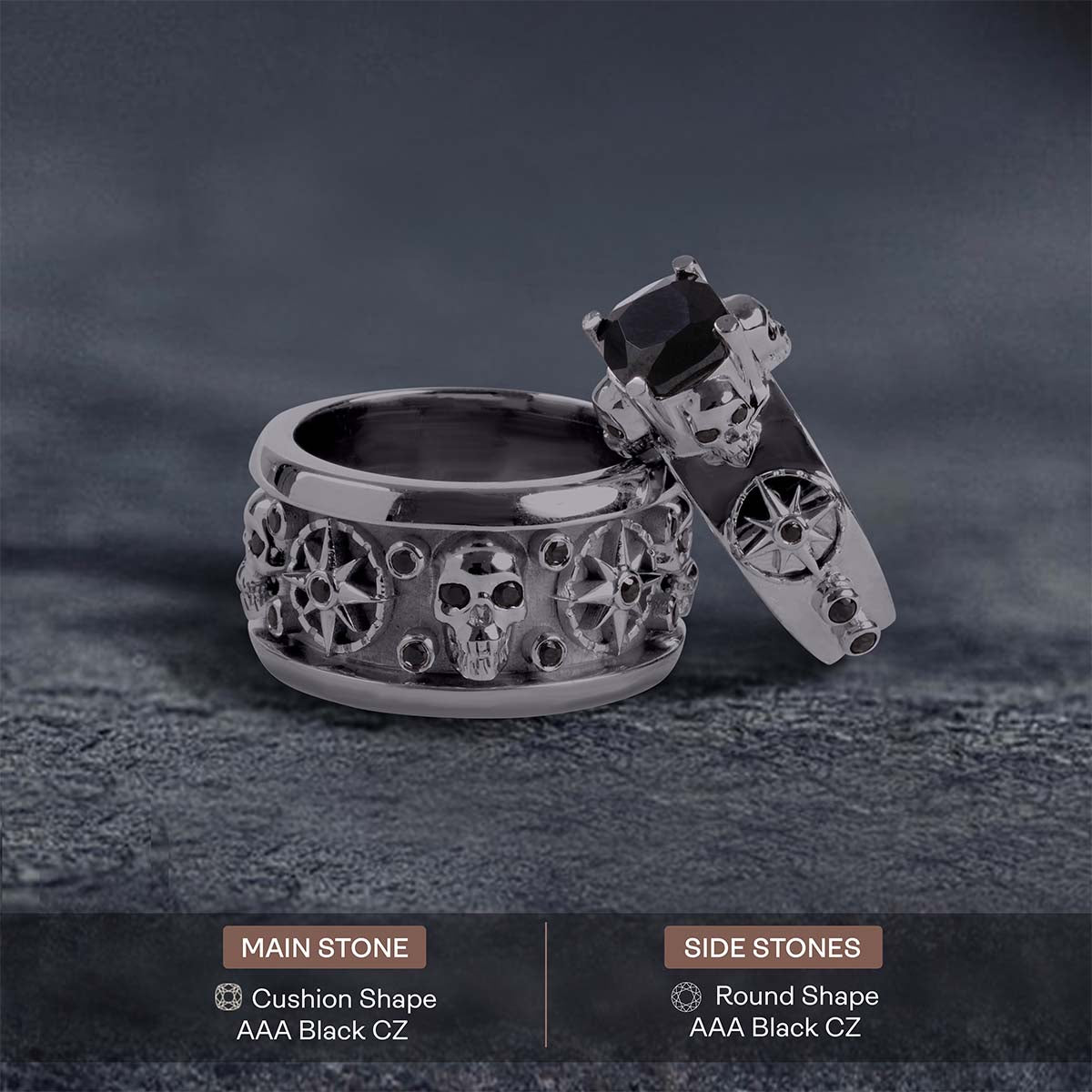 Octagram Skull Wedding Ring Set His and Her Black Spinel CZ Gothic Couple Rings