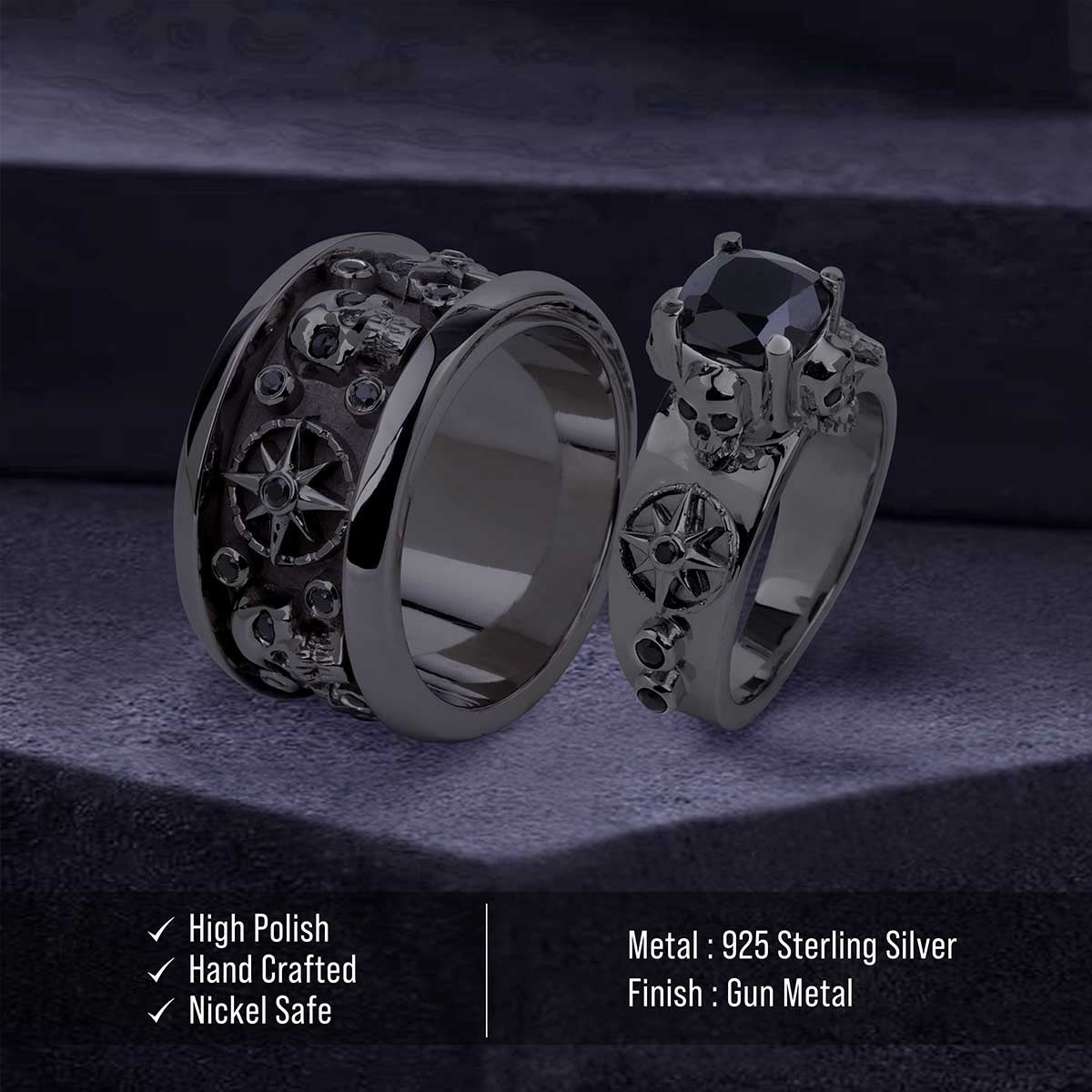Octagram Skull Wedding Ring Set His and Her Black Spinel CZ Gothic Couple Rings