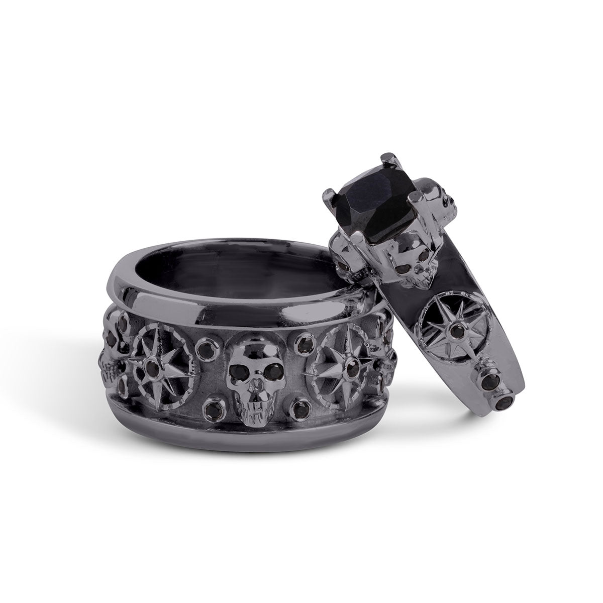His and her skull engagement wedding ring set with black onyx gemstones set in gun metal finished sterling silver