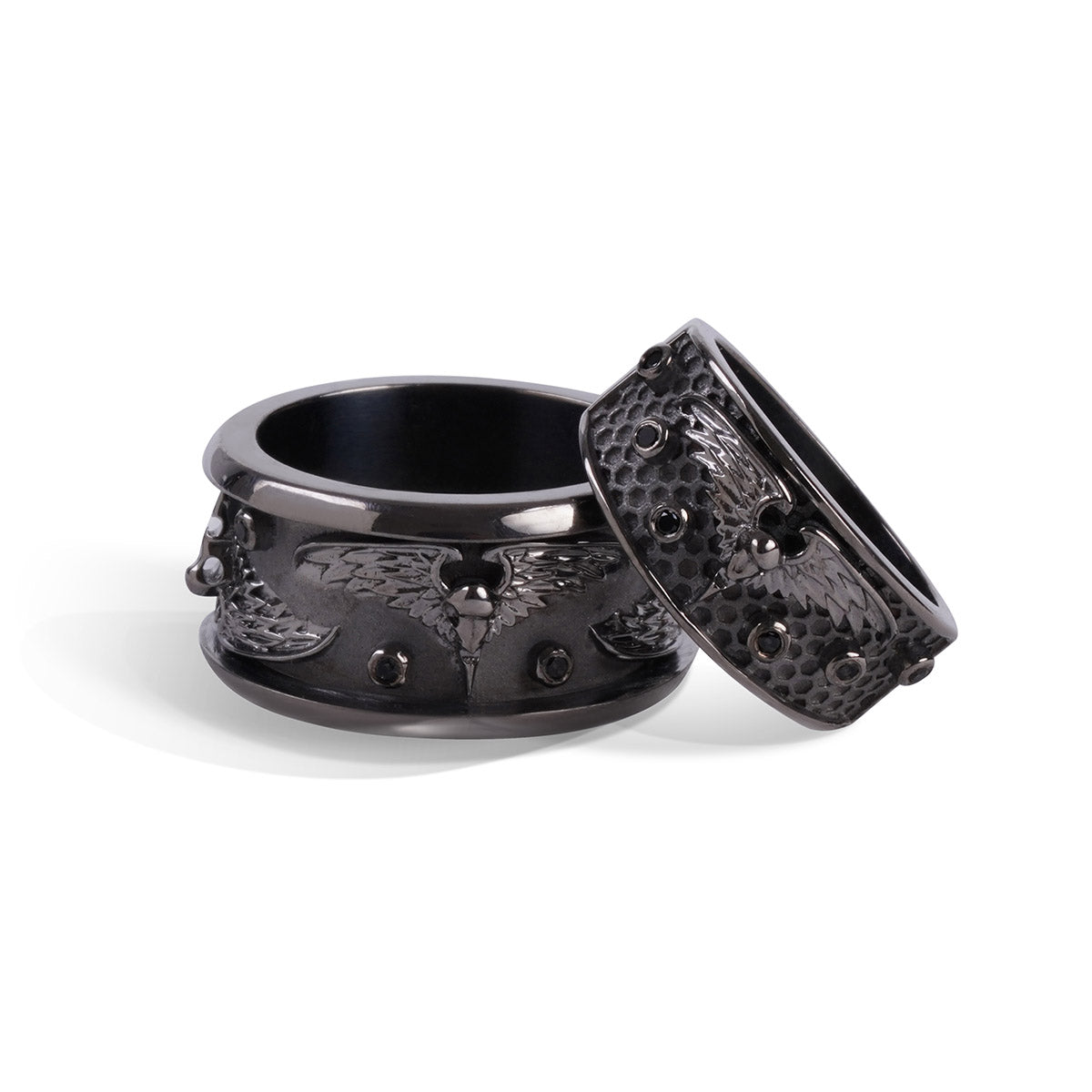 His and her matching black raven couple wedding bands in gun metal finished sterling silver