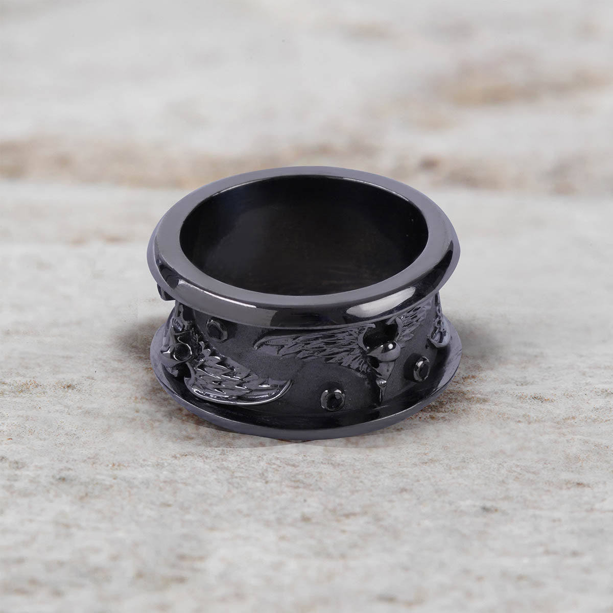 Raven Skull Wedding Band for Men Gothic Viking Jewelry Gun Metal Finish