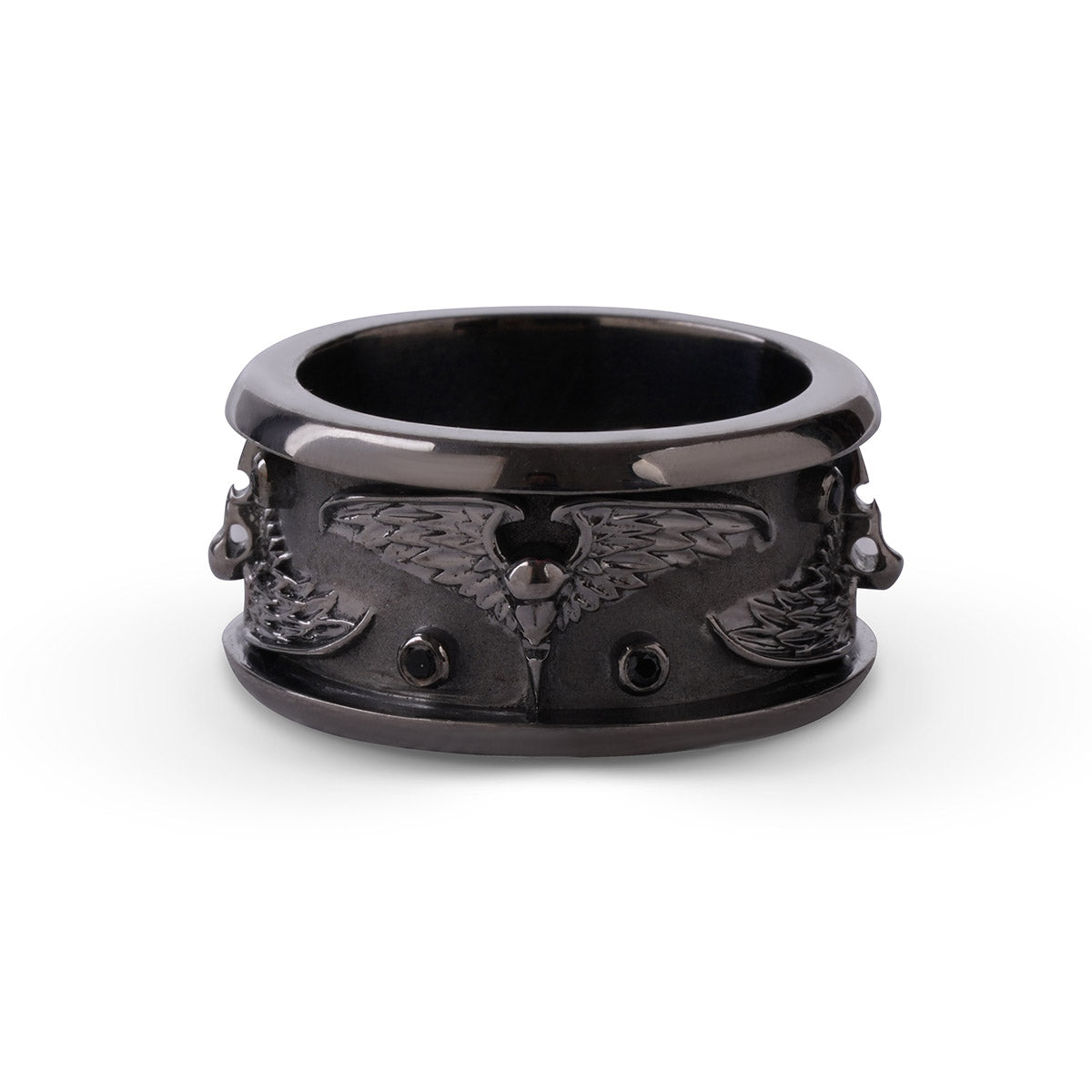 Black raven wedding band in gun metal finished sterling silver