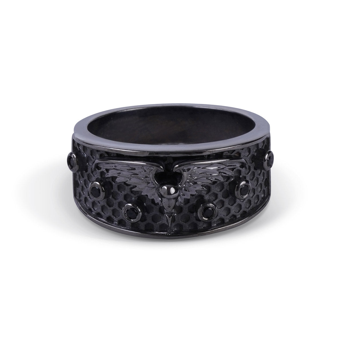 Black raven wedding band in gun metal finished sterling silver
