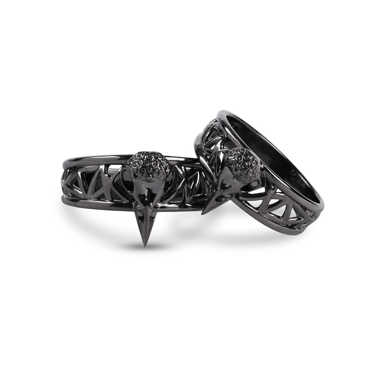 Raven skull couple rings with mesh design band in gun metal finished sterling silver