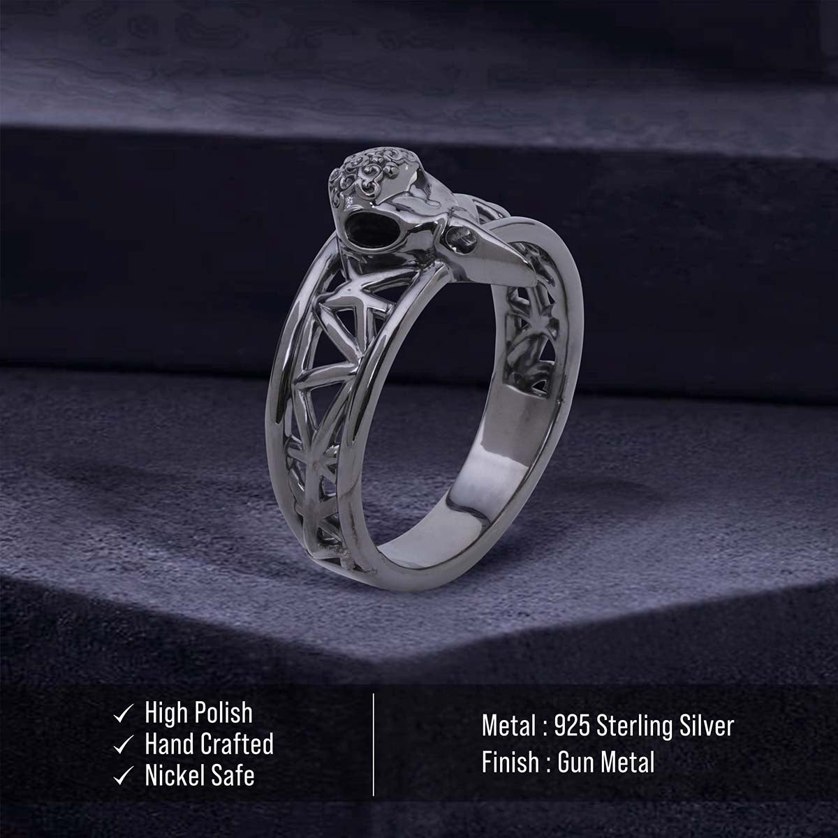 Raven Skull Ring for Men Norse Viking Jewelry Sterling Silver Gun Metal Finish