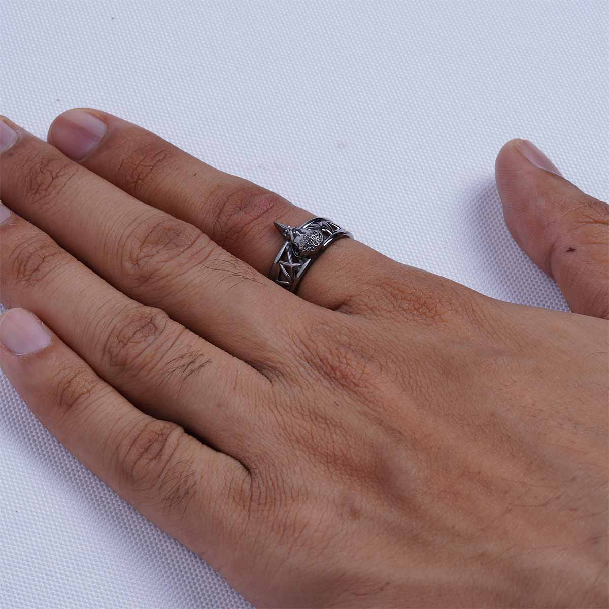 Raven Skull Ring for Men Norse Viking Jewelry Sterling Silver Gun Metal Finish