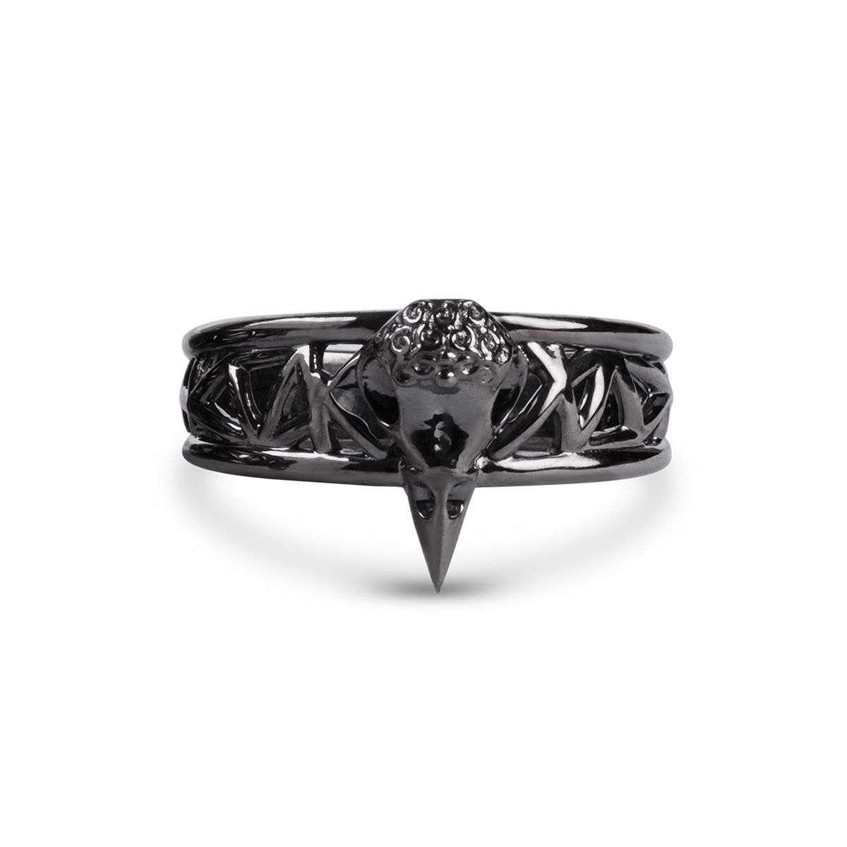 black viking raven skull ring with mesh band in sterlng silver