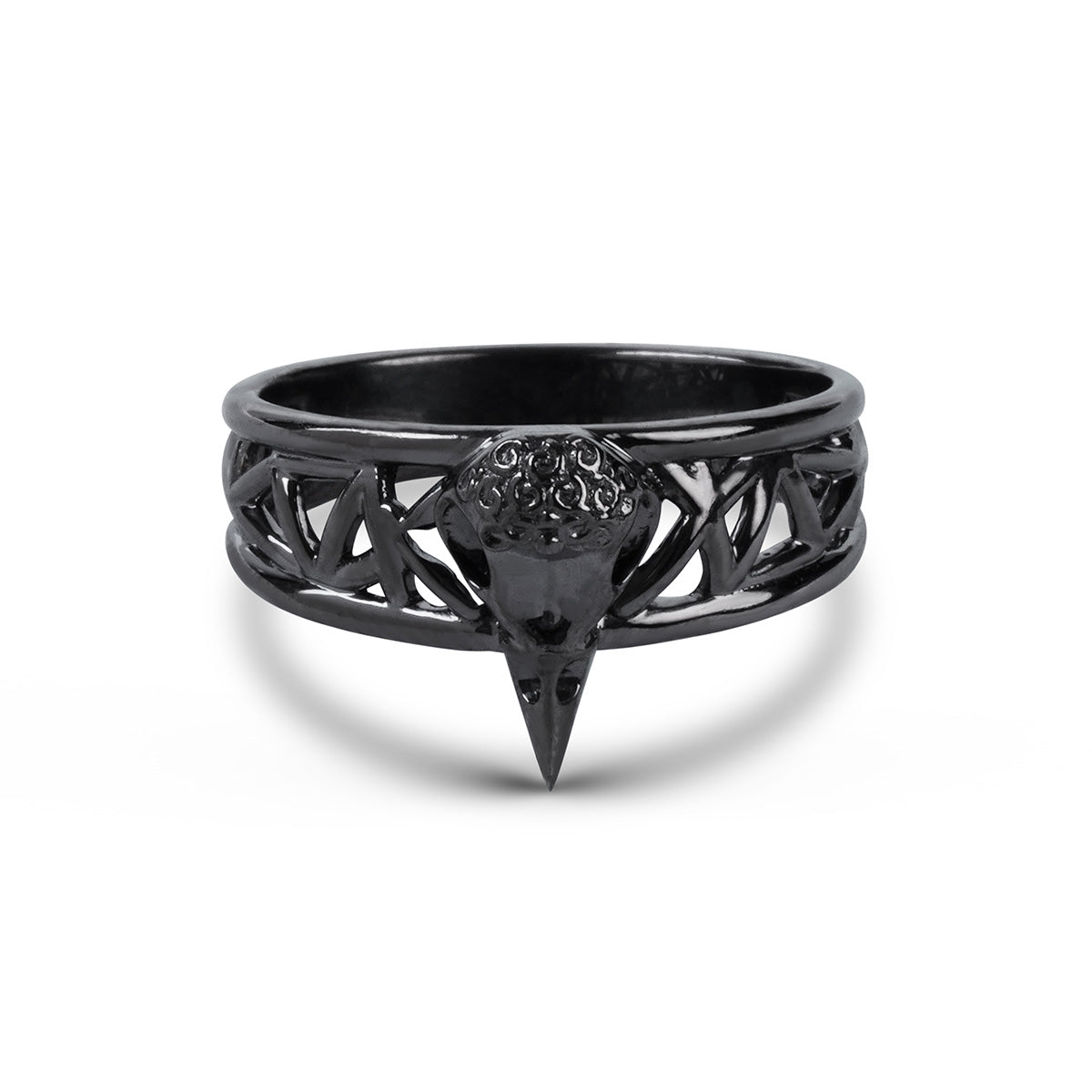 black raven skull ring with mesh band in sterlng silver