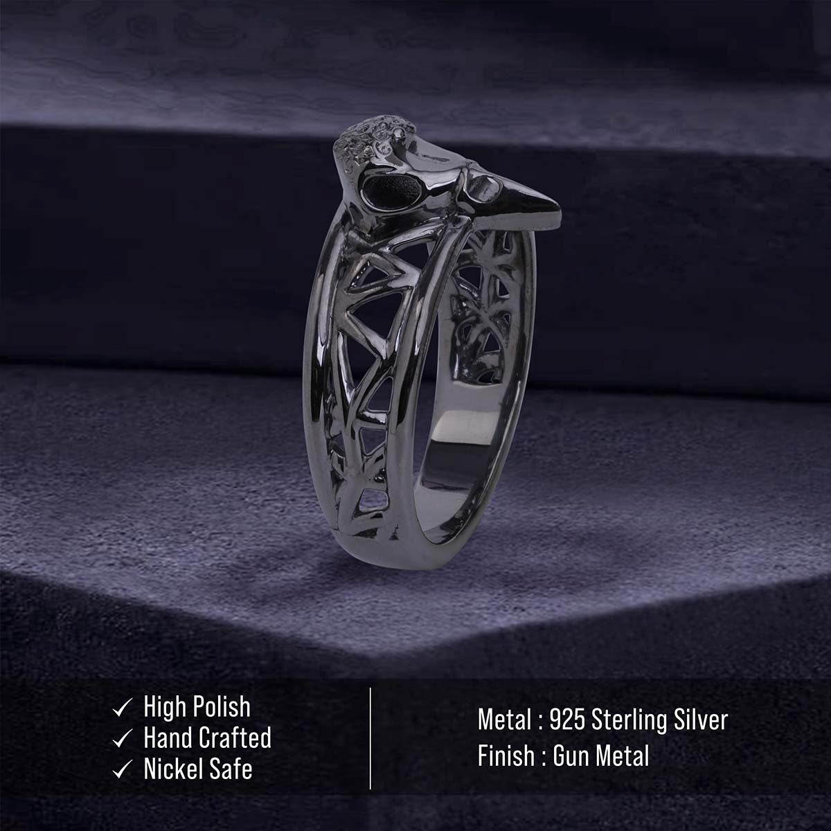 Raven Skull Ring for Women Norse Viking Jewelry Sterling Silver Gun Metal Finish