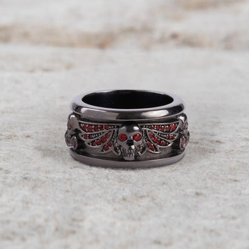 Winged Skull Band for Men Natural Garnet Gothic Wedding Ring