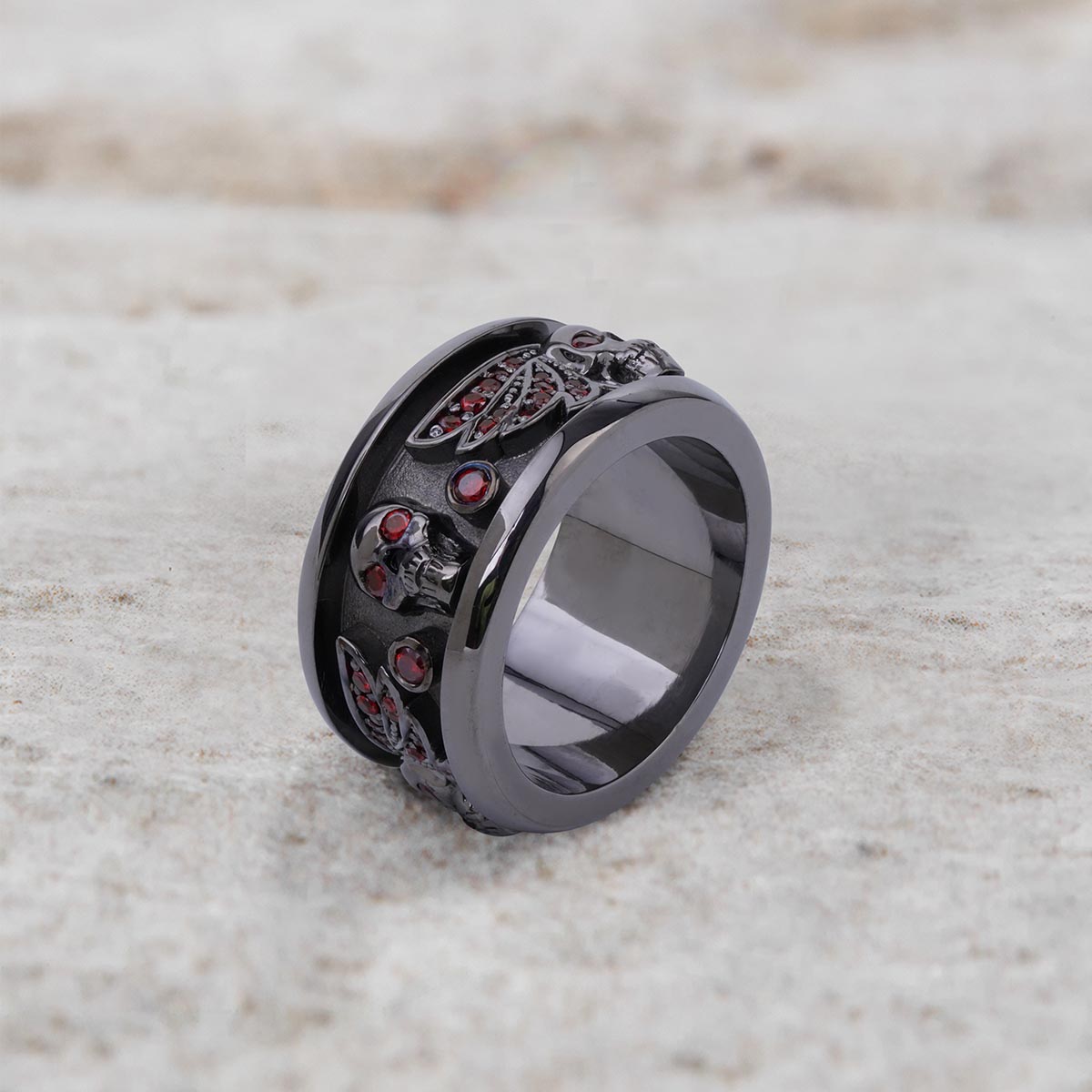 Winged Skull Band for Men Natural Garnet Gothic Wedding Ring