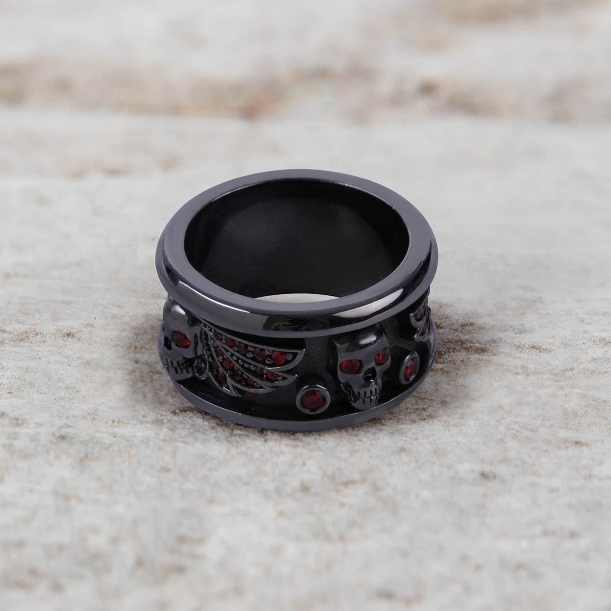 Winged Skull Band for Men Natural Garnet Gothic Wedding Ring