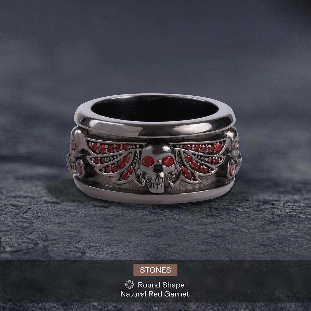 Winged Skull Band for Men Natural Garnet Gothic Wedding Ring