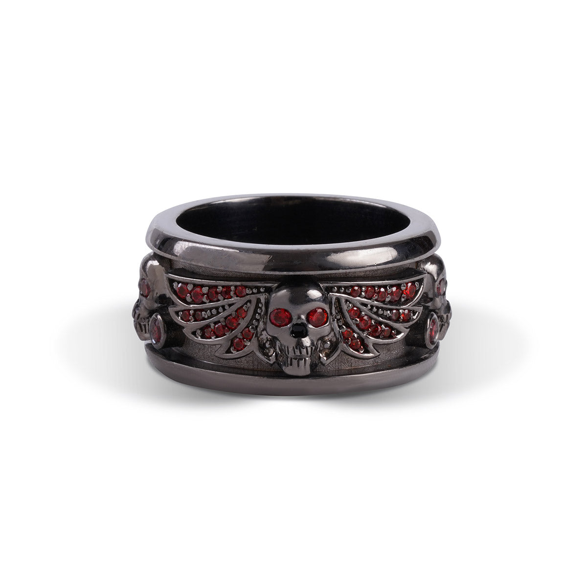 Black skull wedding band with angel wings design and red garnet gemstones
