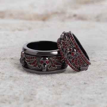 Skull Wings Wedding Ring Set Natural Garnet Gothic Couple Rings