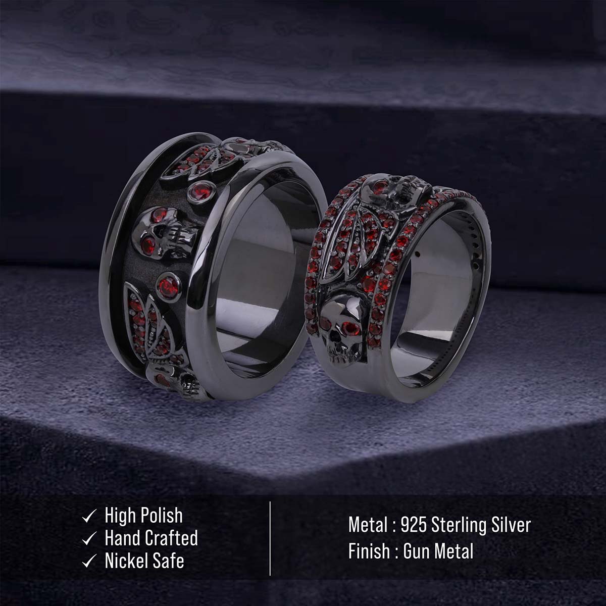 Winged skull wedding ring set gothic engagement rings for couple