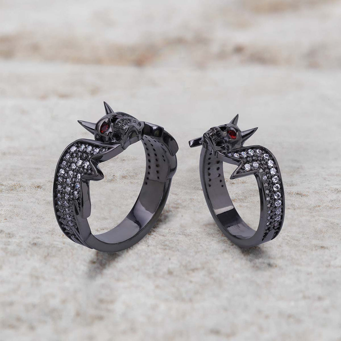 Devil Skull Ring Set with Horns Matching Gothic Wedding Rings