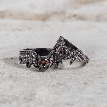 Devil Skull Ring Set with Horns Matching Gothic Wedding Rings