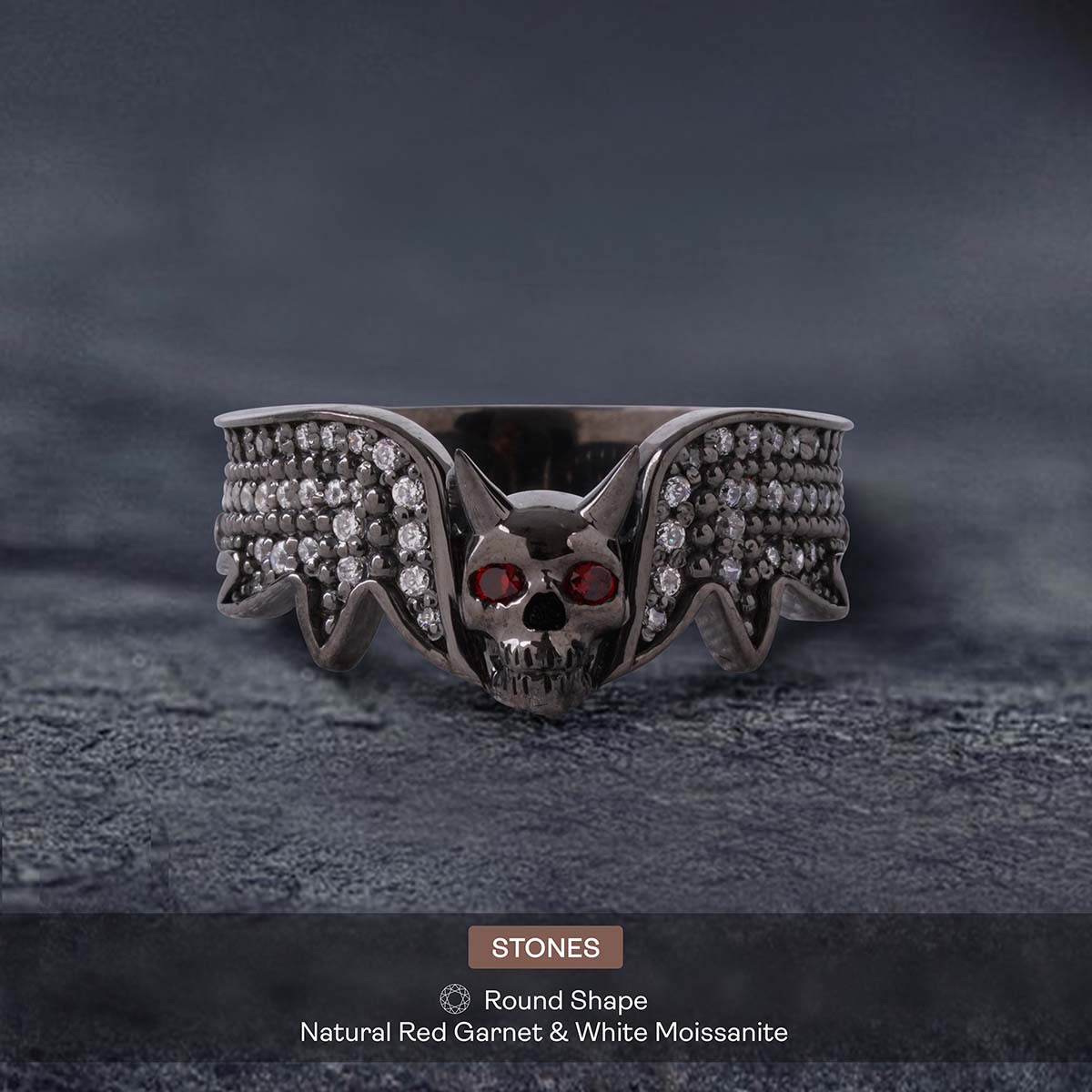 Moissanite Devil Skull Ring with Horns Red Eyes Satanic Jewelry