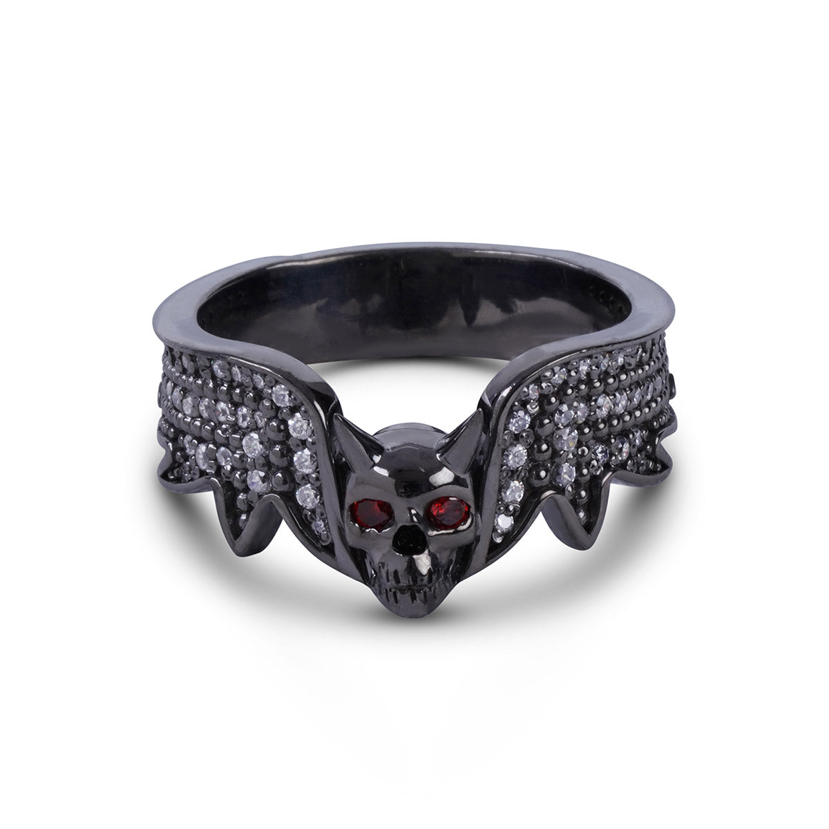 Red eyes devil skull ring with horns and pavé-set diamonds in gun metal finished sterling silver