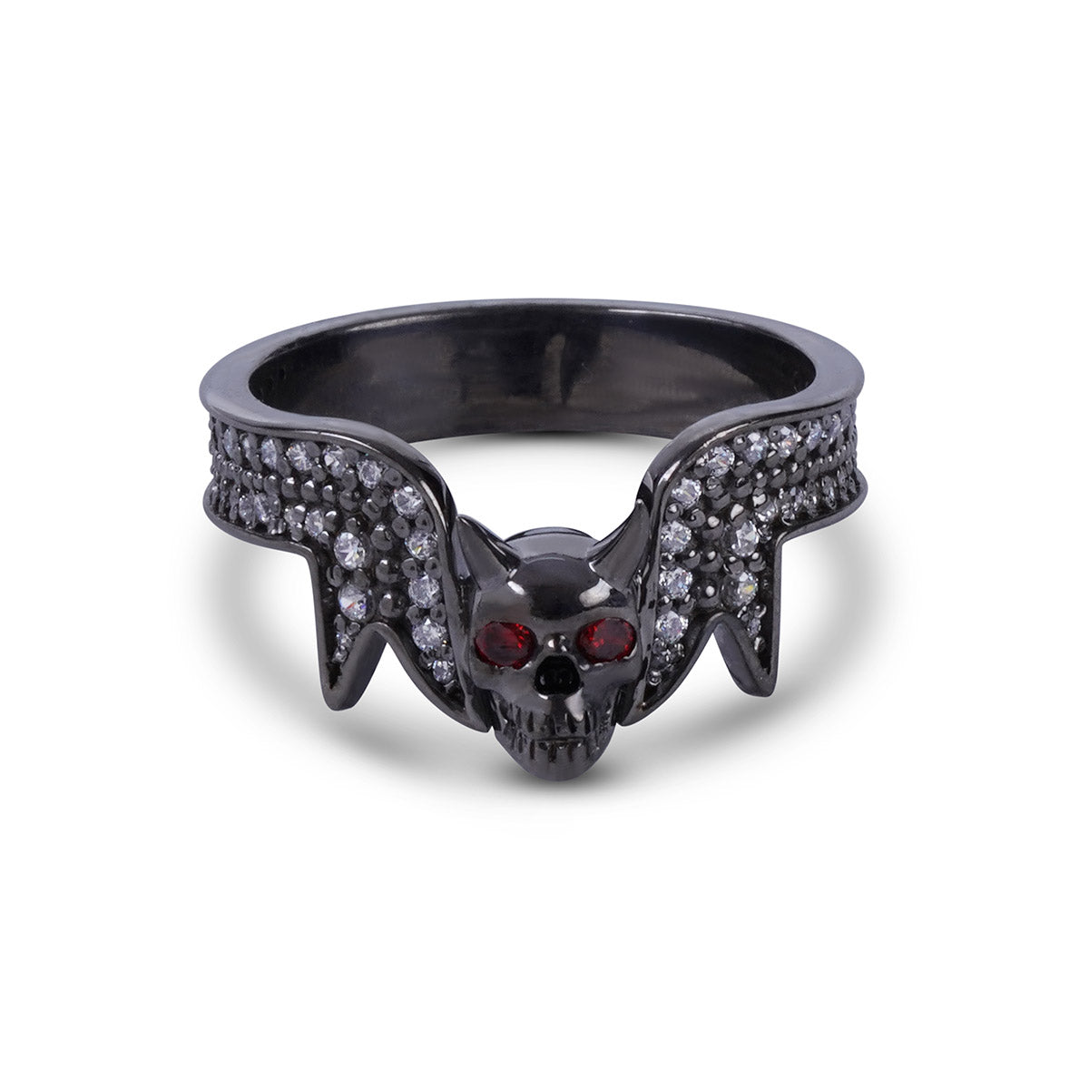 Black devil skull ring with diamonds set in gun metal finished sterling silver
