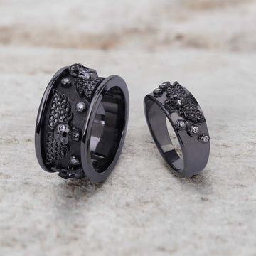 Matching Winged Skull Wedding Bands for Couple Dark Gothic
