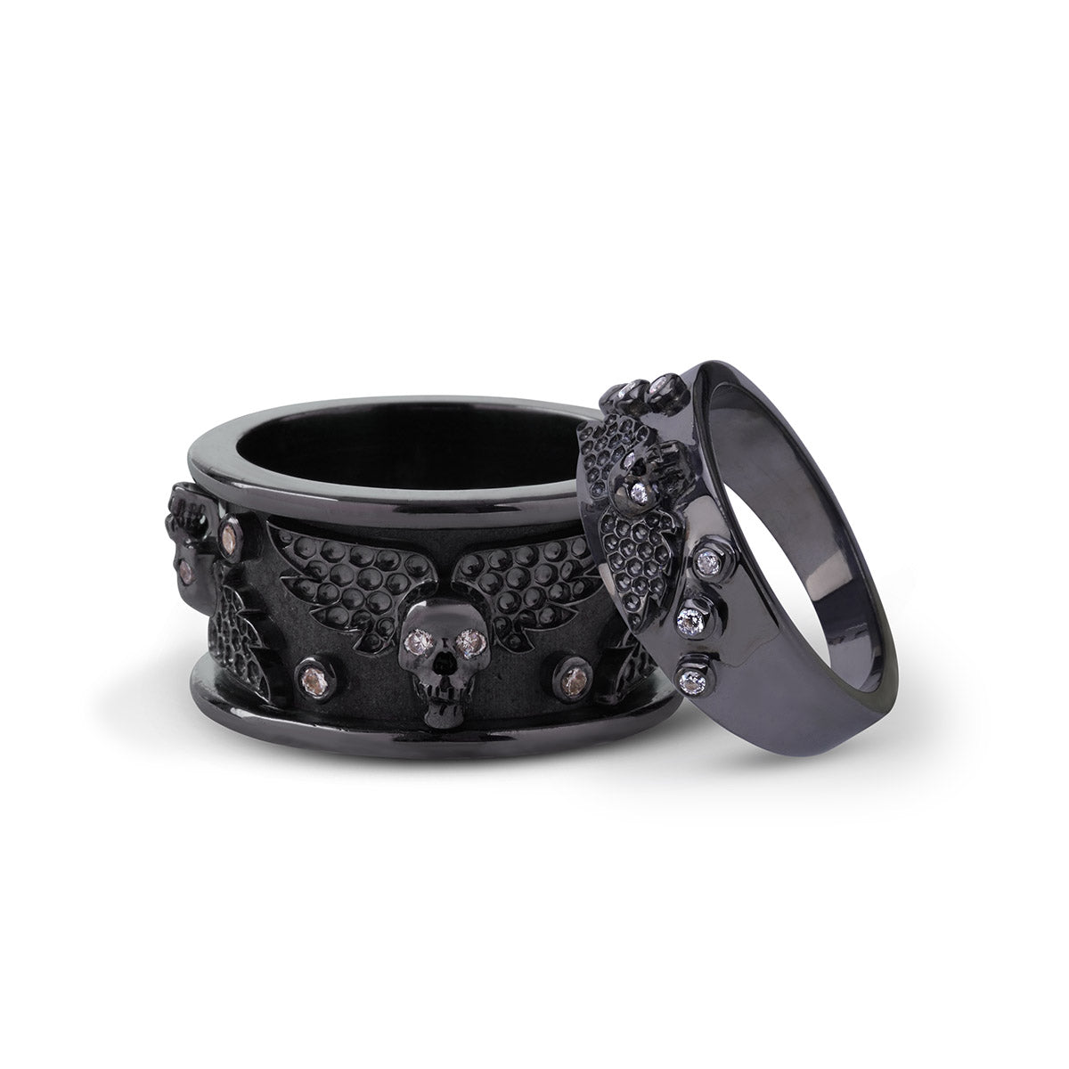 winged skull couple wedding bands in gun metal finished sterling silver