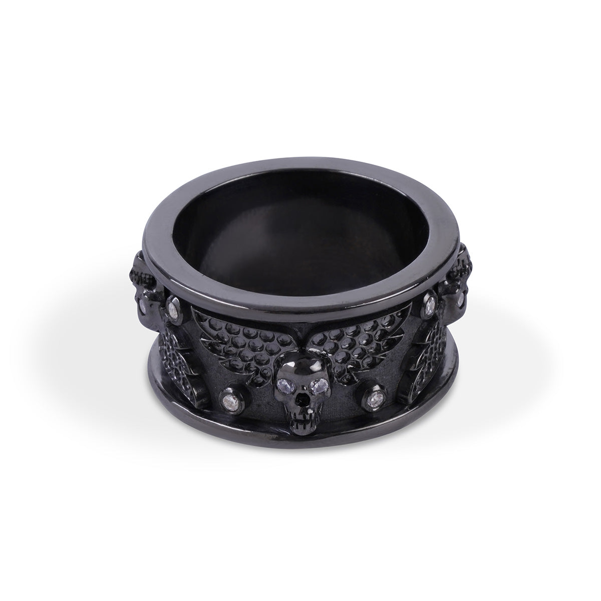 black winged skull wedding band for men, crafted in gun metal finished sterling silver
