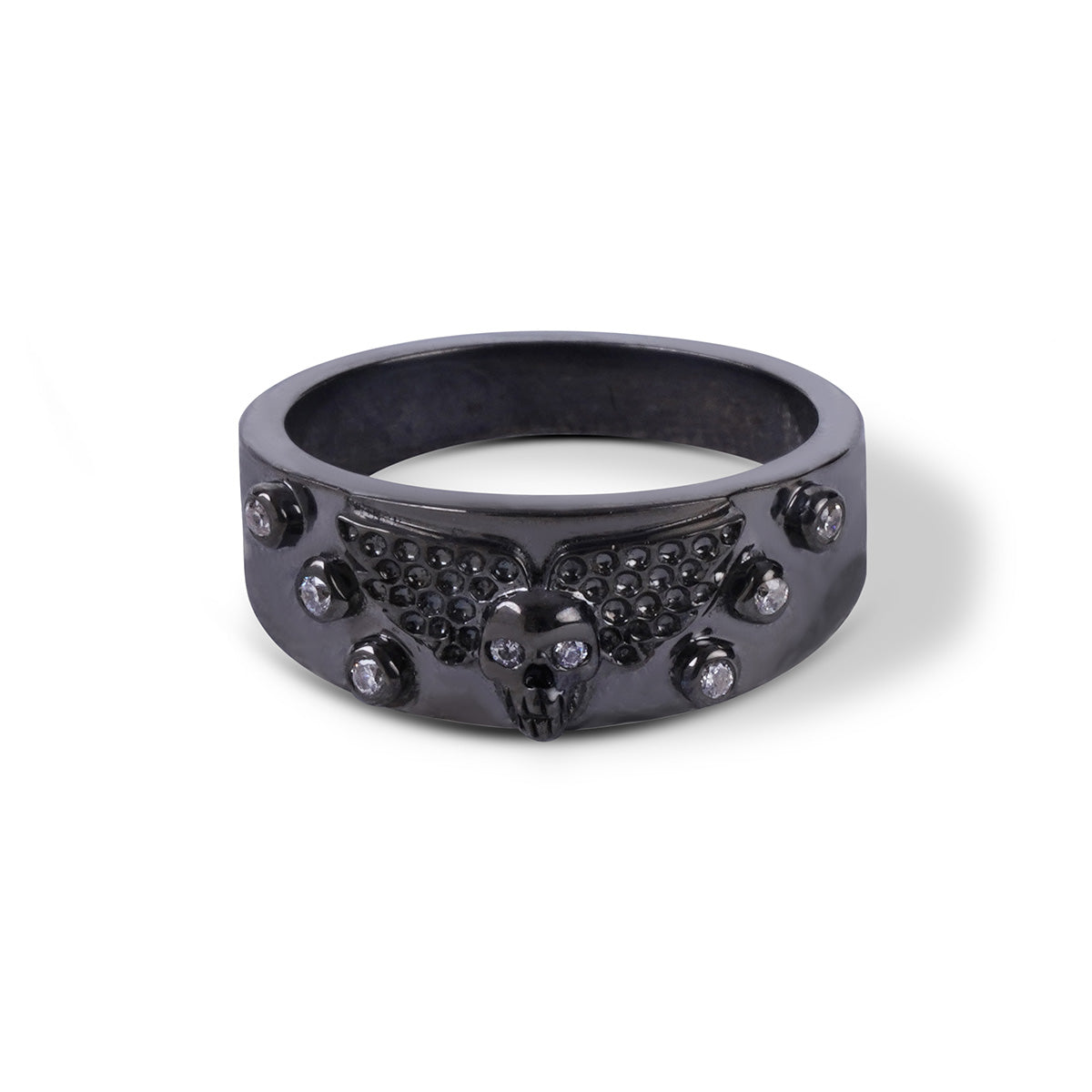 Winged skull wedding band with diamond accents in gun metal finished sterling silver