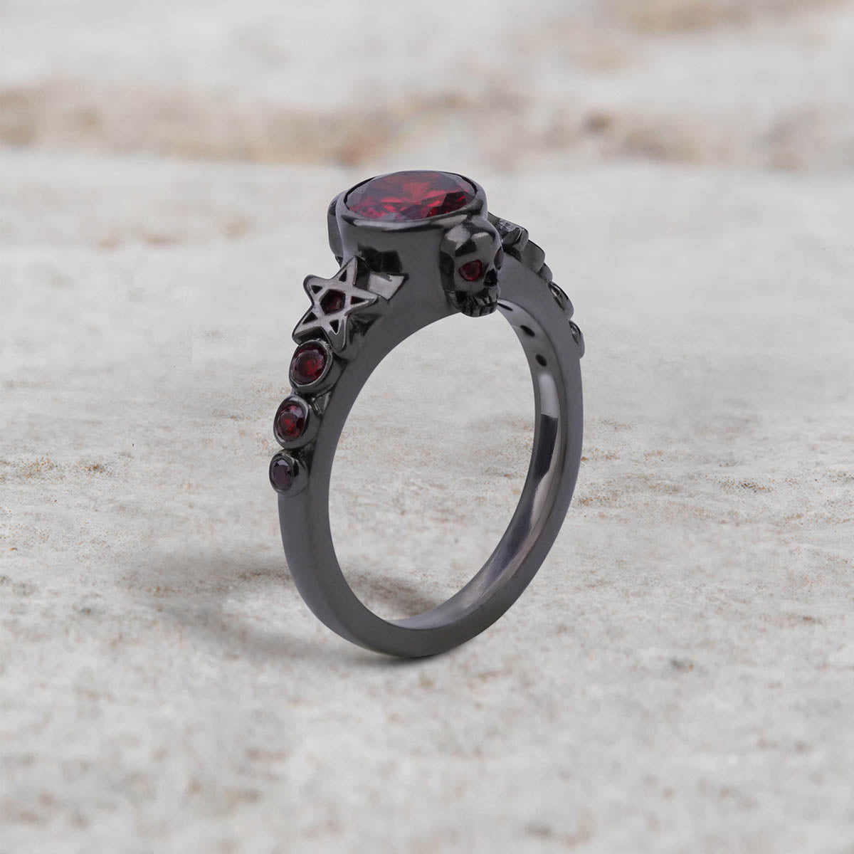 Pentagram Skull Ring Natural Red Garnet Gothic Engagement Ring