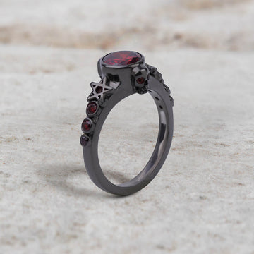 Pentagram Skull Ring Natural Red Garnet Gothic Engagement Ring