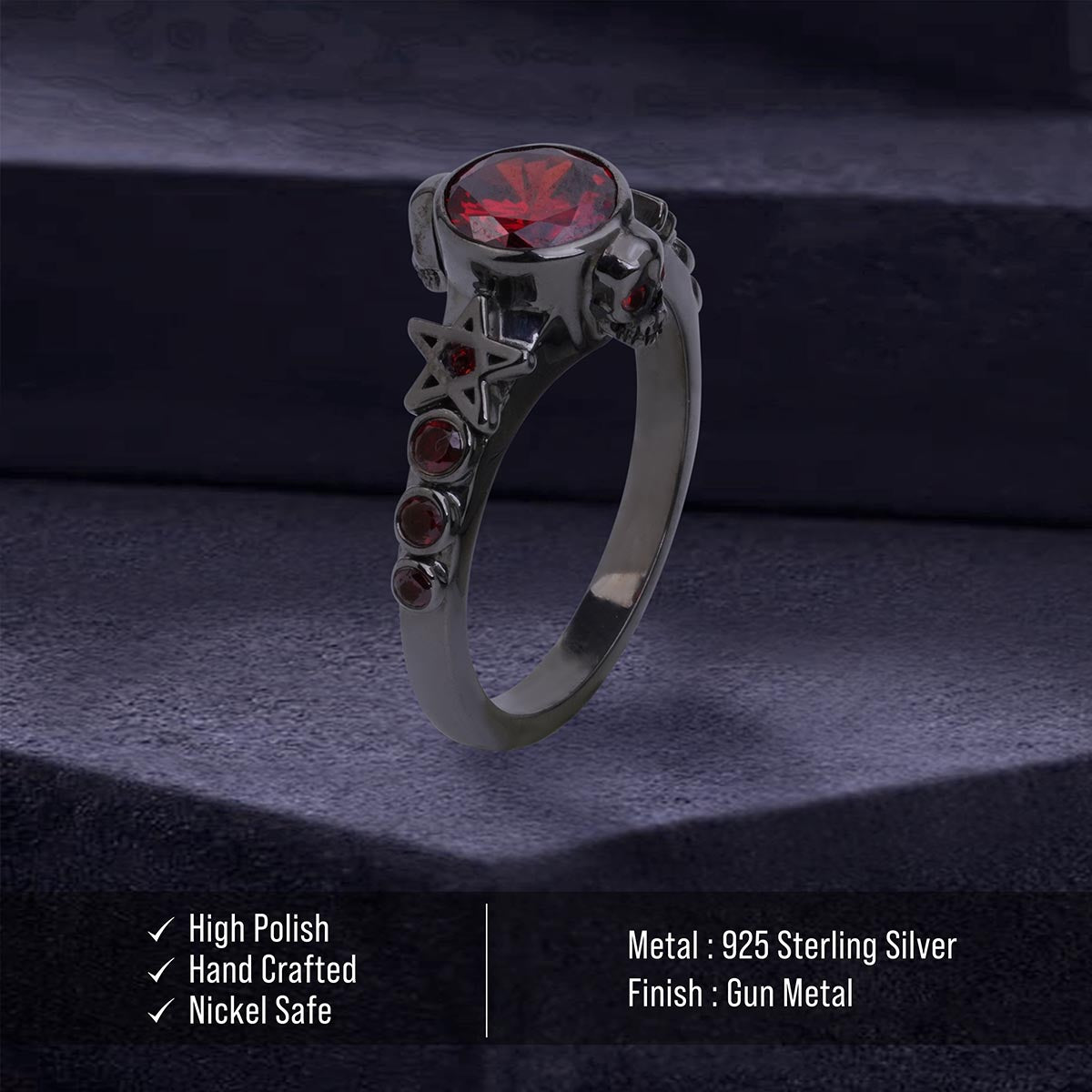 Pentagram Skull Ring Natural Red Garnet Gothic Engagement Ring