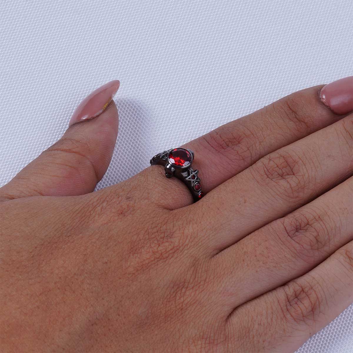 Pentagram Skull Ring Natural Red Garnet Gothic Engagement Ring