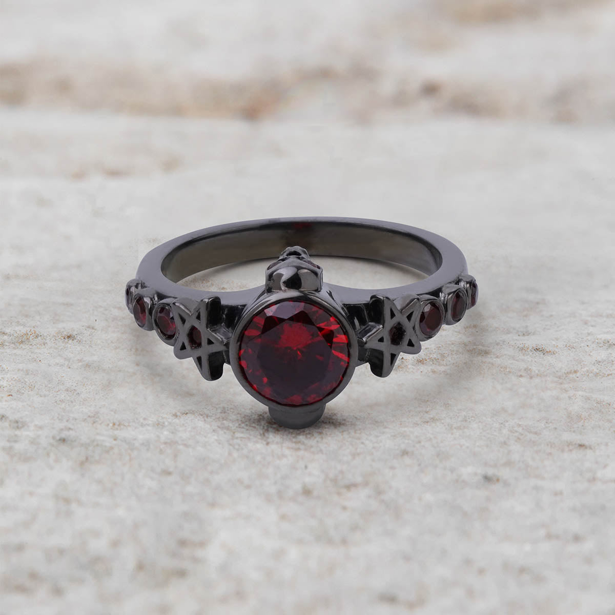 Pentagram Skull Ring Natural Red Garnet Gothic Engagement Ring