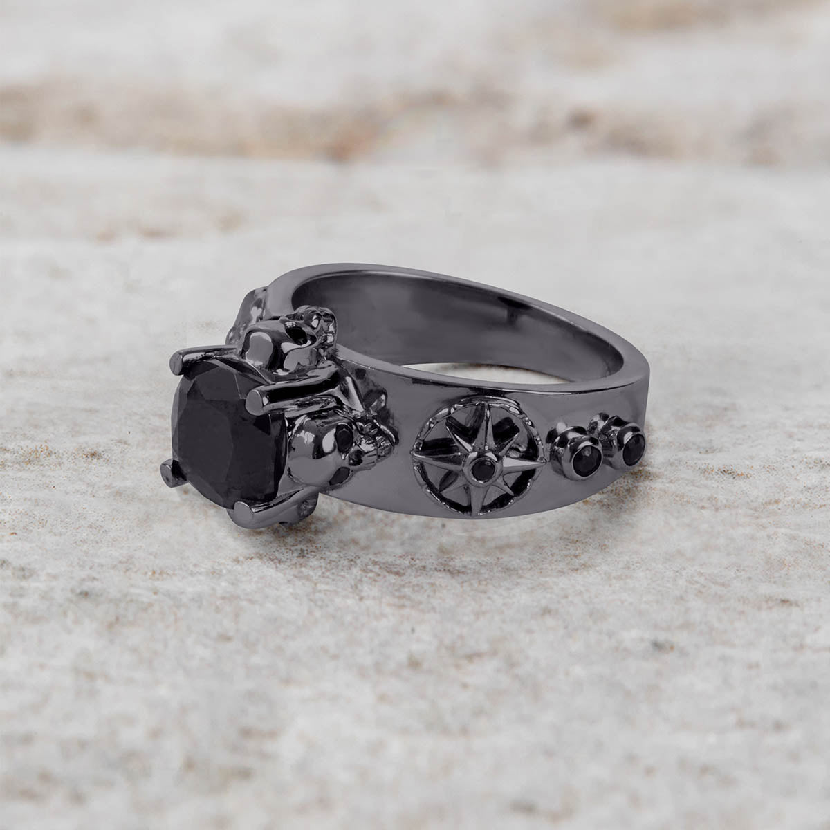 Octagram Skull Wedding Ring Set His and Her Black Spinel CZ Gothic Couple Rings