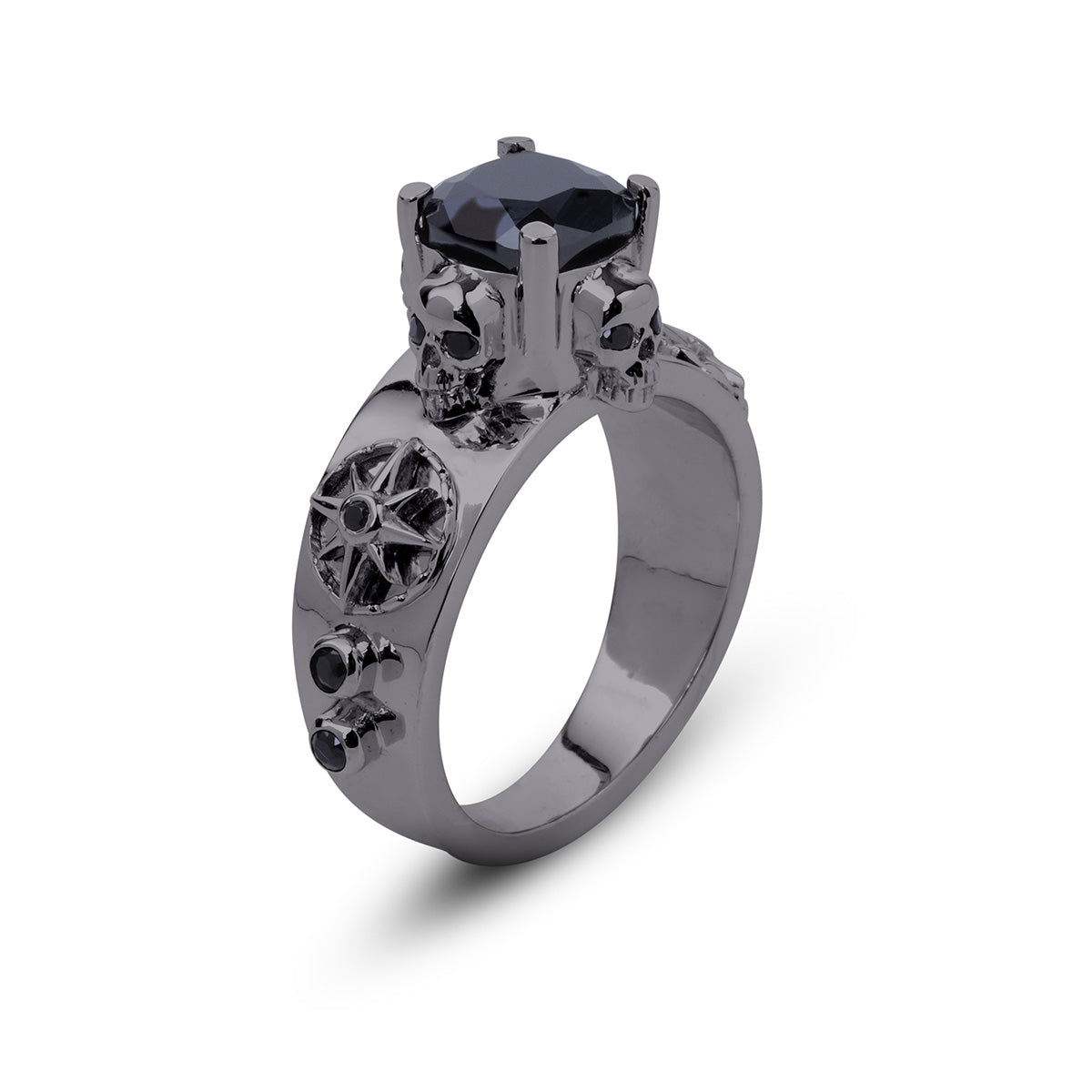 Black skull ring with nautical compass and cushion cut onyx gemstone set in gun metal finished sterling silver