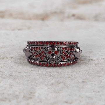 Women's Winged Skull Ring Natural Red Garnet Gothic Jewelry